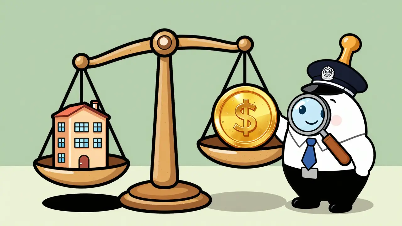 Весы с квартирами и монетой, символизирующие эквивалентный обмен