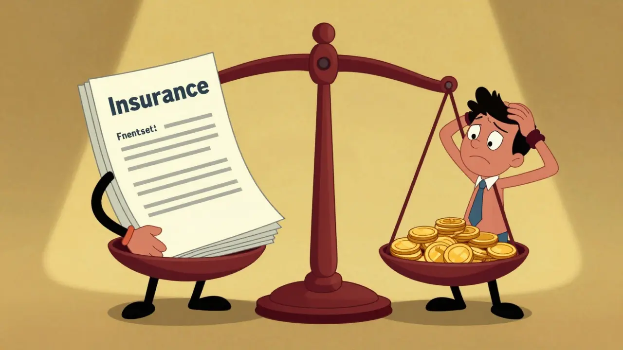 Весы в стиле ретро-мультфильма, сравнивающие стоимость страховки и рост процентной ставки.