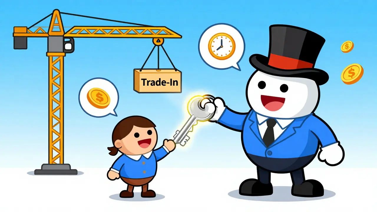 Иллюстрация в стиле rubber hose: застройщик передает ключи от новостройки клиенту
