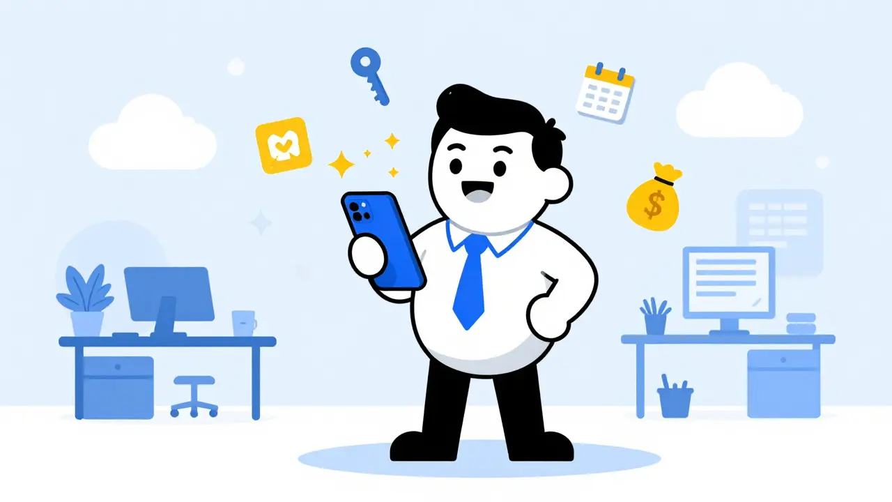 Радостный инвестор управляет недвижимостью через смартфон с облачными иконками