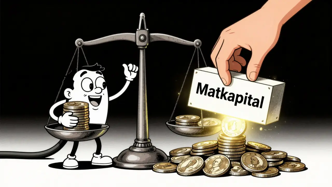 Весы с деньгами и удалением маткапитала в ретро-анимационном стиле