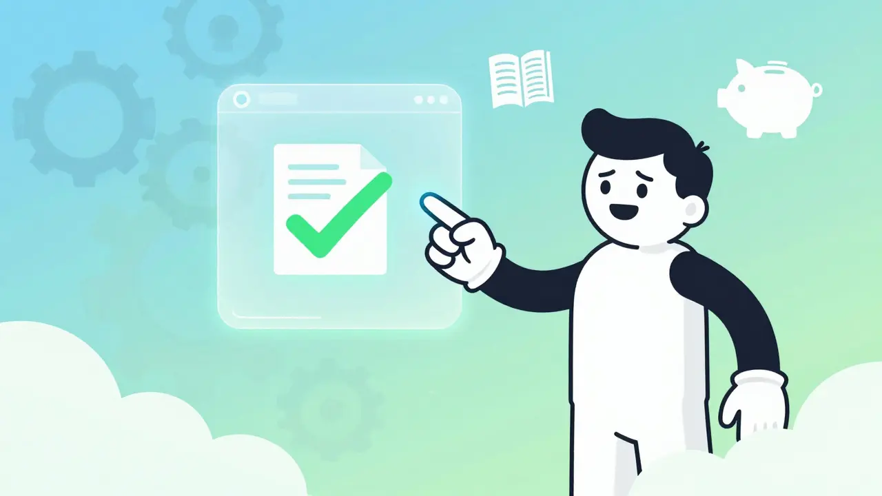 Персонаж указывает на цифровой интерфейс автоматического оформления