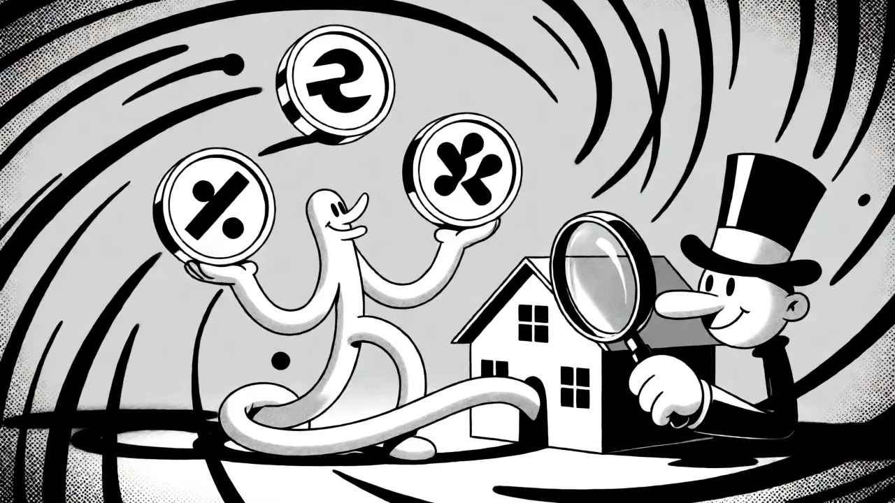 Персонаж жонглирует монетами, пока карикатурный налоговый инспектор осматривает дом через лупу.